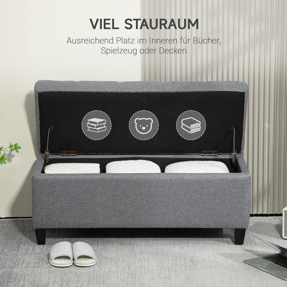 Bench upholstered bench with storage space chest bench hallway bedroom living room linen-like polyester rubber wood light gray 100 x 40 x 44 cm