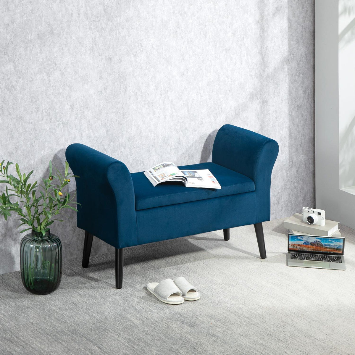 Bench upholstered bench with storage space chest bench with armrests seat height 46cm for hallway bedroom velvety polyester 111.5 x 41 x 65 cm dark blue