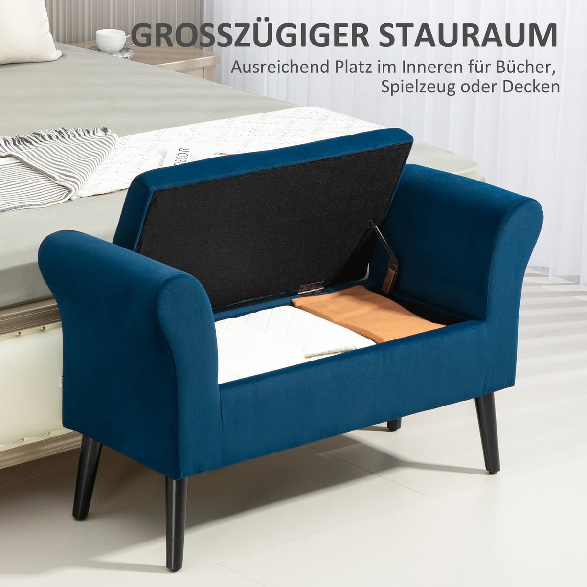 Bench upholstered bench with storage space chest bench with armrests seat height 46cm for hallway bedroom velvety polyester 111.5 x 41 x 65 cm dark blue