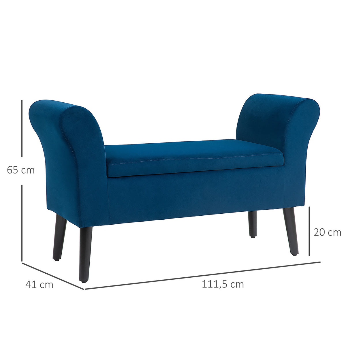 Bench upholstered bench with storage space chest bench with armrests seat height 46cm for hallway bedroom velvety polyester 111.5 x 41 x 65 cm dark blue