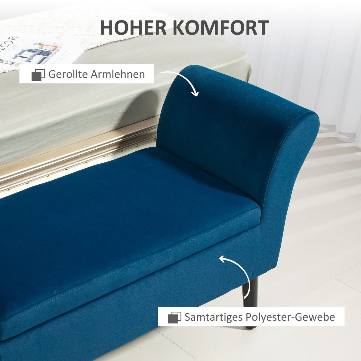 Bench upholstered bench with storage space chest bench with armrests seat height 46cm for hallway bedroom velvety polyester 111.5 x 41 x 65 cm dark blue
