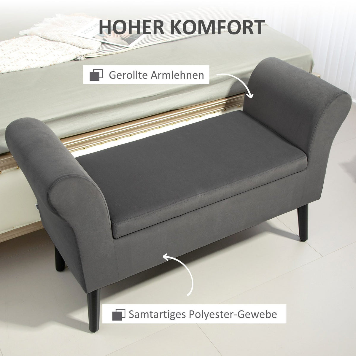Bench upholstered bench with storage space chest bench with armrests seat height 46cm for hallway bedroom velvety polyester 111.5 x 41 x 65 cm dark gray