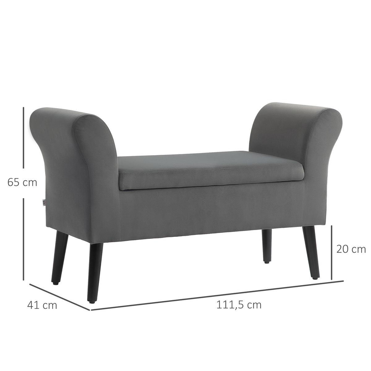 Bench upholstered bench with storage space chest bench with armrests seat height 46cm for hallway bedroom velvety polyester 111.5 x 41 x 65 cm dark gray