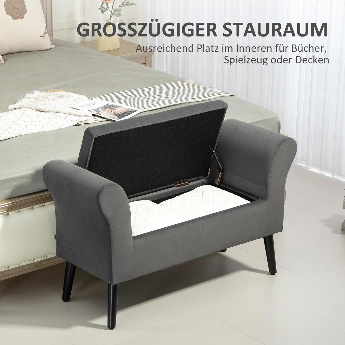 Bench upholstered bench with storage space chest bench with armrests seat height 46cm for hallway bedroom velvety polyester 111.5 x 41 x 65 cm dark gray