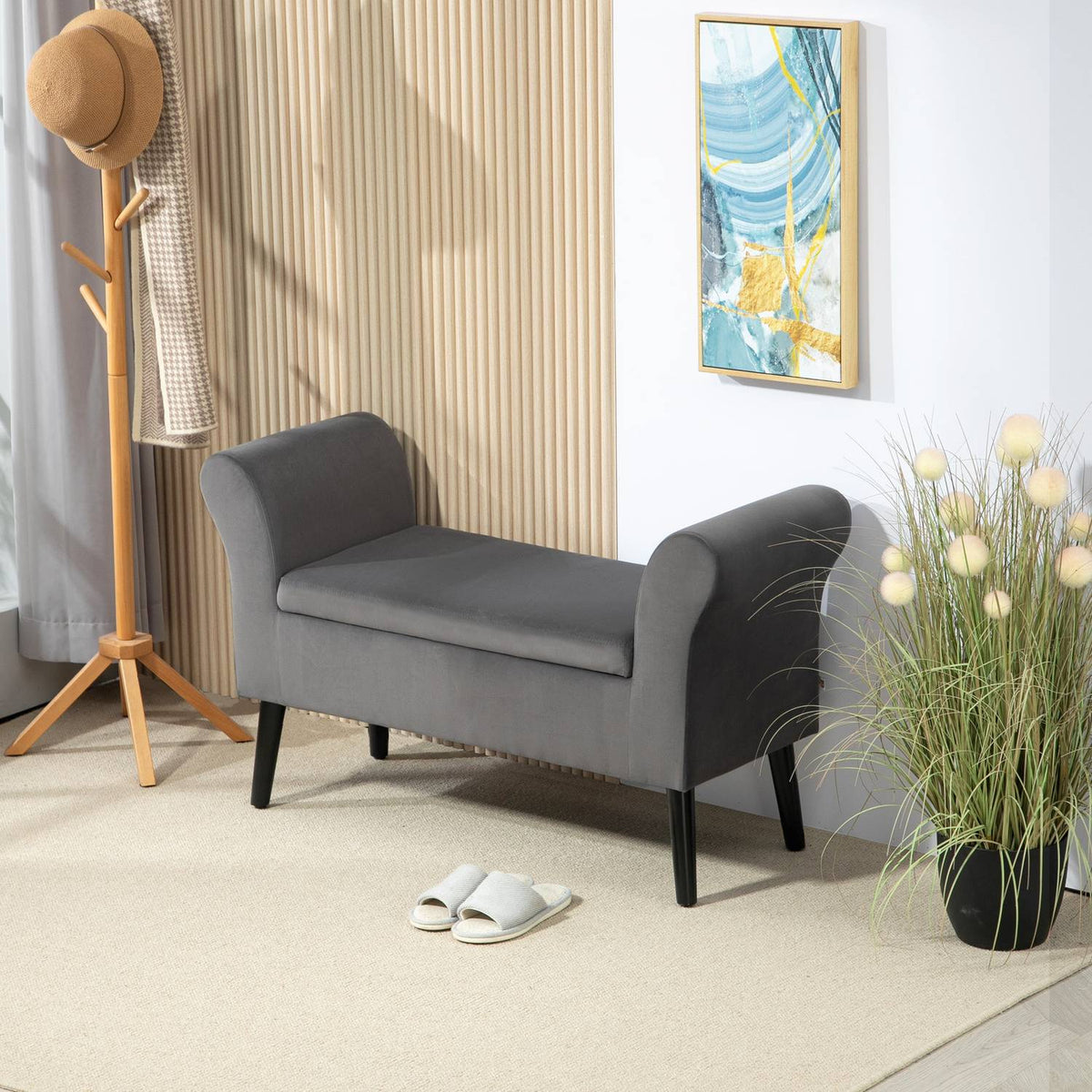 Bench upholstered bench with storage space chest bench with armrests seat height 46cm for hallway bedroom velvety polyester 111.5 x 41 x 65 cm dark gray