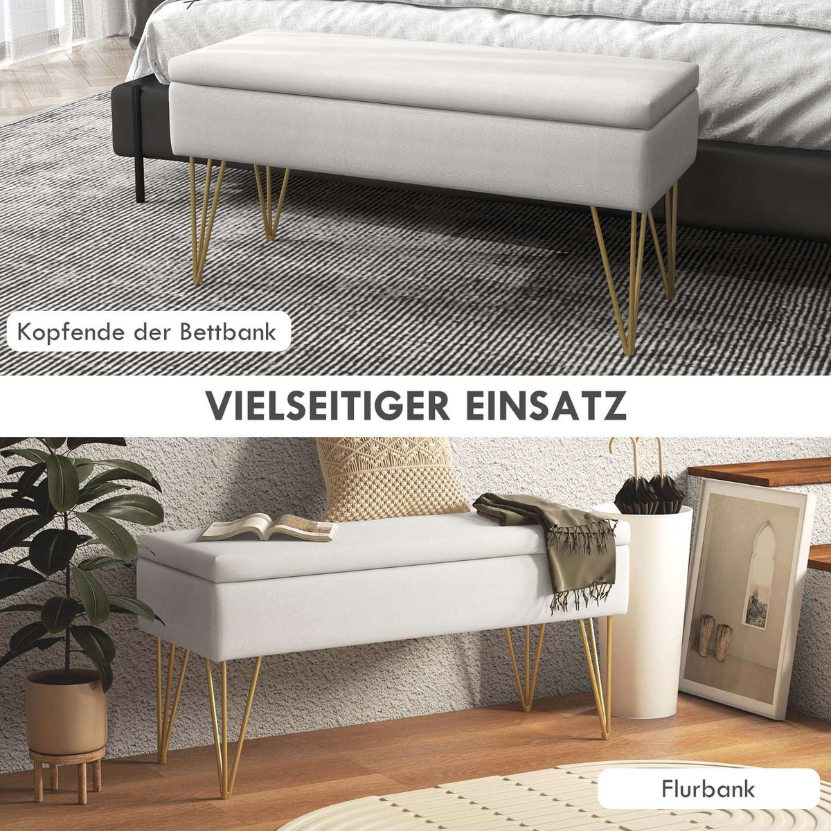 Bench upholstered bench with storage space, linen look, bed bench with steel legs, for bedroom, living room, hallway, 100 x 40 x 49 cm, cream