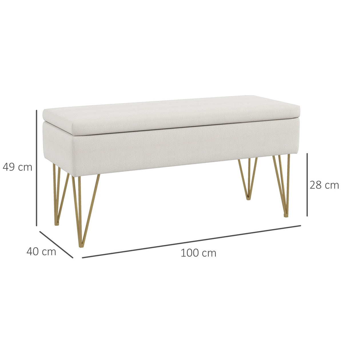 Bench upholstered bench with storage space, linen look, bed bench with steel legs, for bedroom, living room, hallway, 100 x 40 x 49 cm, cream