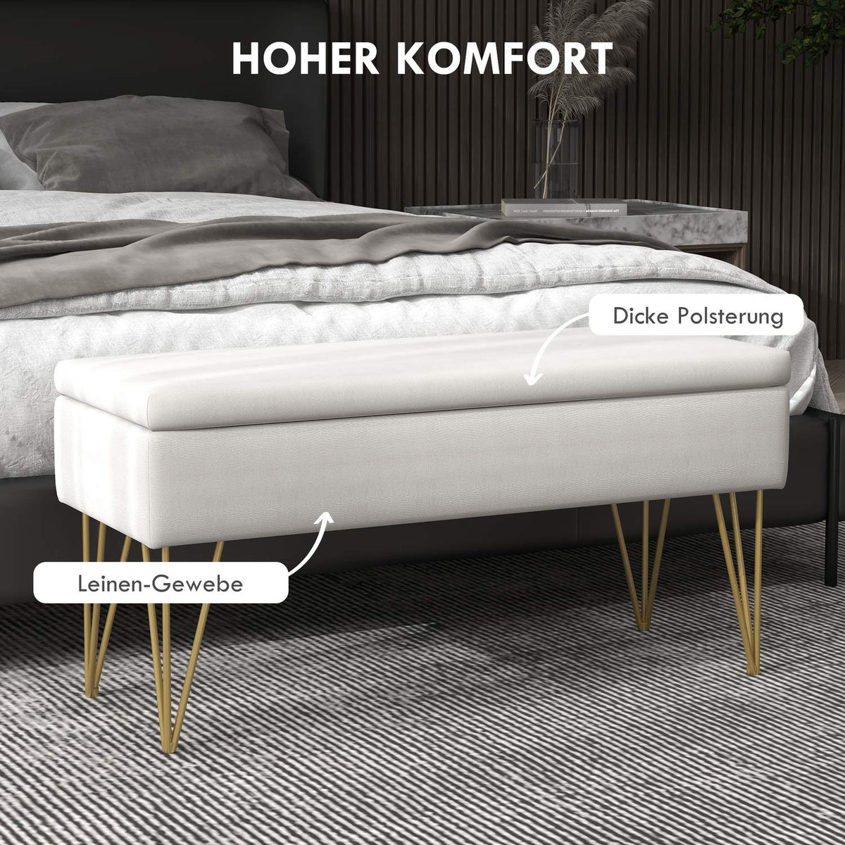 Bench upholstered bench with storage space, linen look, bed bench with steel legs, for bedroom, living room, hallway, 100 x 40 x 49 cm, cream