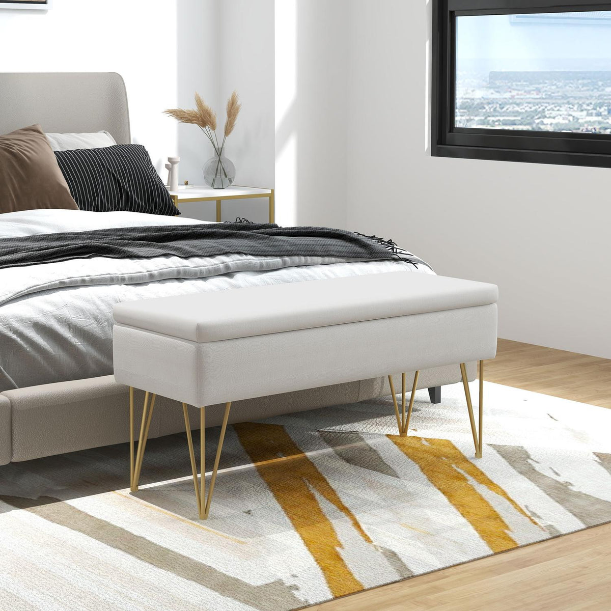 Bench upholstered bench with storage space, linen look, bed bench with steel legs, for bedroom, living room, hallway, 100 x 40 x 49 cm, cream