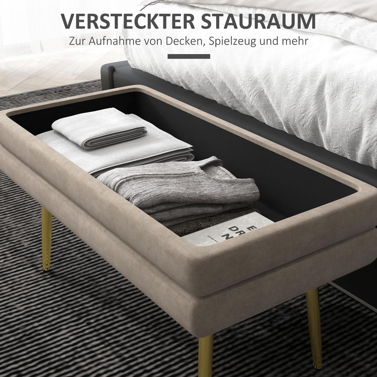 Bench, upholstered bench with storage space, velvet look, bed bench with steel legs, shoe bench, storage bench for living room, bedroom, beige, 79.5 x 37.5 x 43 cm |