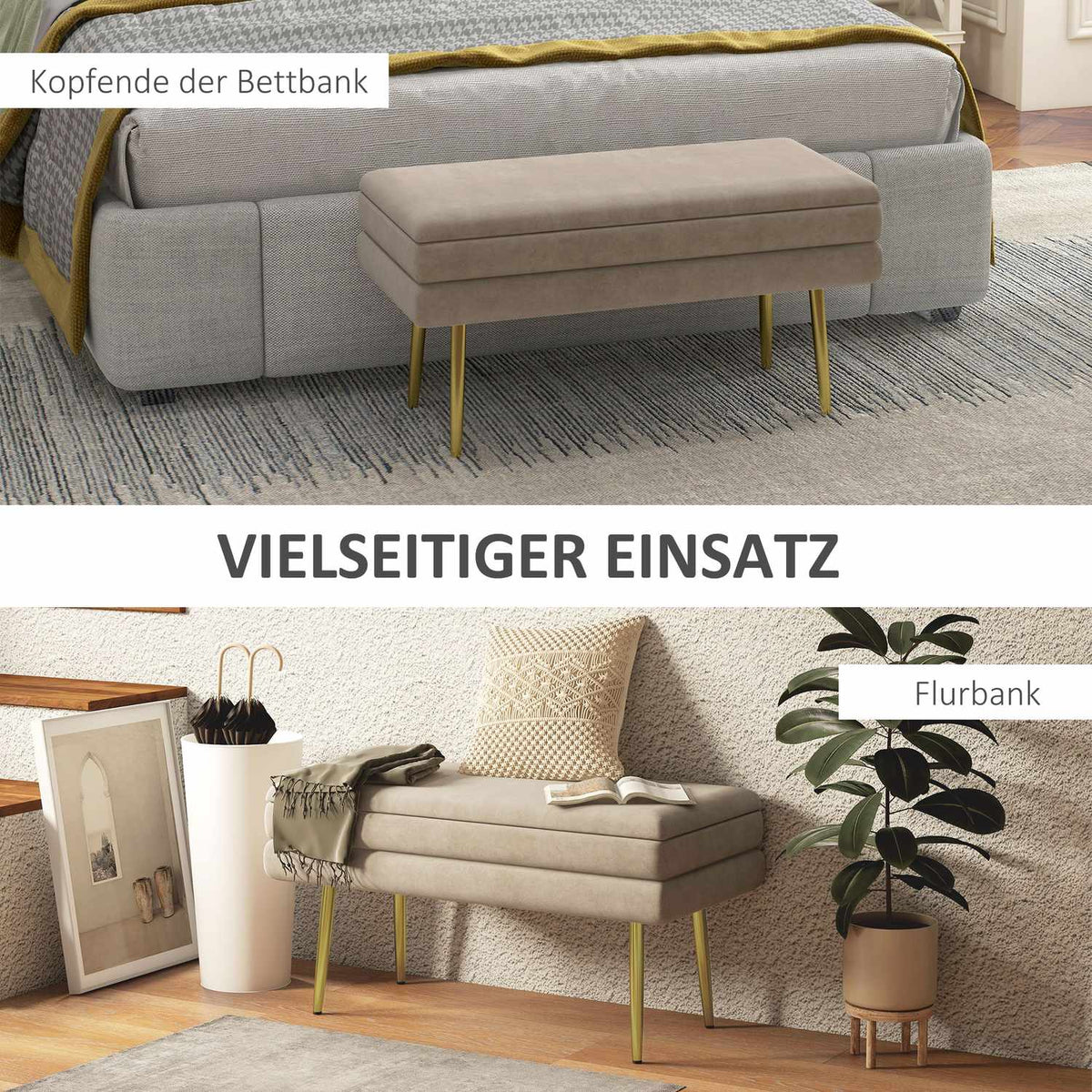 Bench, upholstered bench with storage space, velvet look, bed bench with steel legs, shoe bench, storage bench for living room, bedroom, beige, 79.5 x 37.5 x 43 cm |