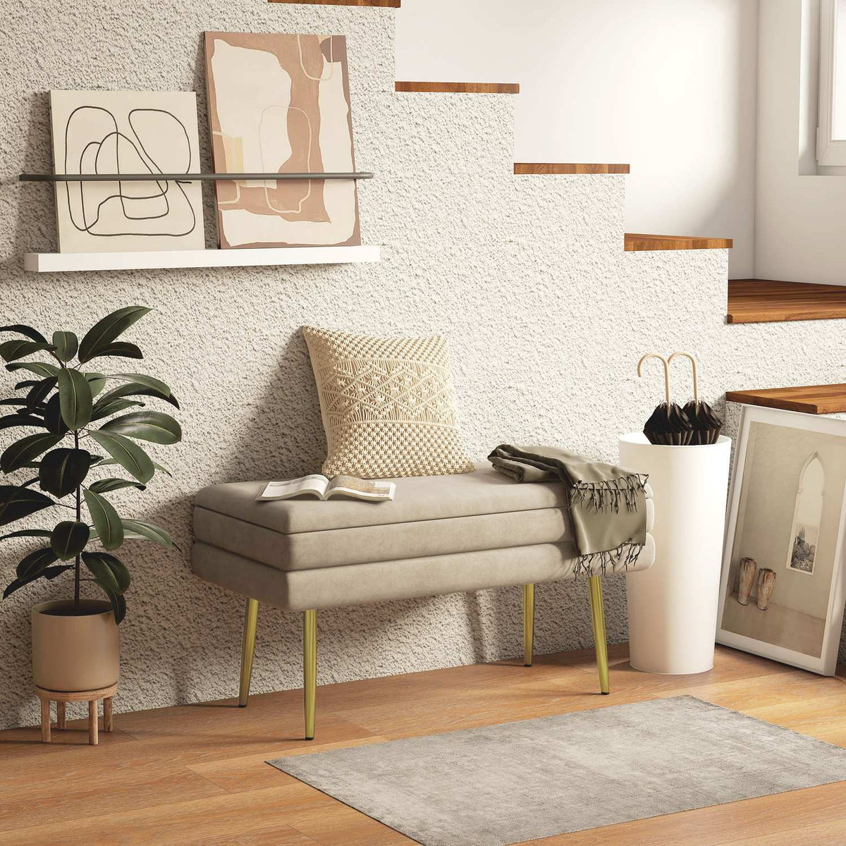 Bench, upholstered bench with storage space, velvet look, bed bench with steel legs, shoe bench, storage bench for living room, bedroom, beige, 79.5 x 37.5 x 43 cm |
