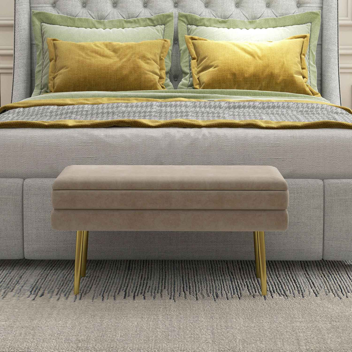 Bench, upholstered bench with storage space, velvet look, bed bench with steel legs, shoe bench, storage bench for living room, bedroom, beige, 79.5 x 37.5 x 43 cm |