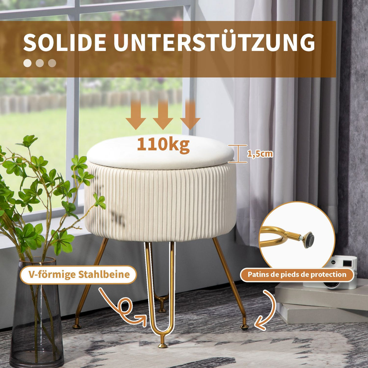 Bench with storage space, 2-in-1 upholstered bench with lid, bed bench with velvet look, for hallway, bedroom, living room, steel frame, Ø40 x 48 cm cream white