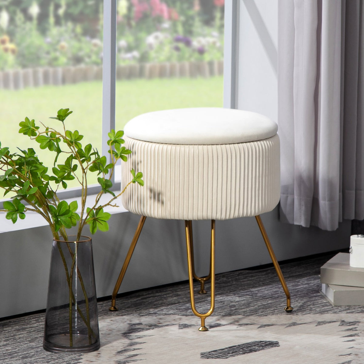 Bench with storage space, 2-in-1 upholstered bench with lid, bed bench with velvet look, for hallway, bedroom, living room, steel frame, Ø40 x 48 cm cream white