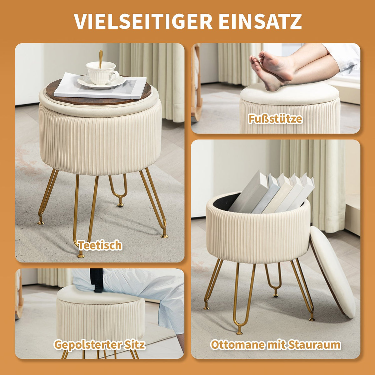 Bench with storage space, 2-in-1 upholstered bench with lid, bed bench with velvet look, for hallway, bedroom, living room, steel frame, Ø40 x 48 cm cream white