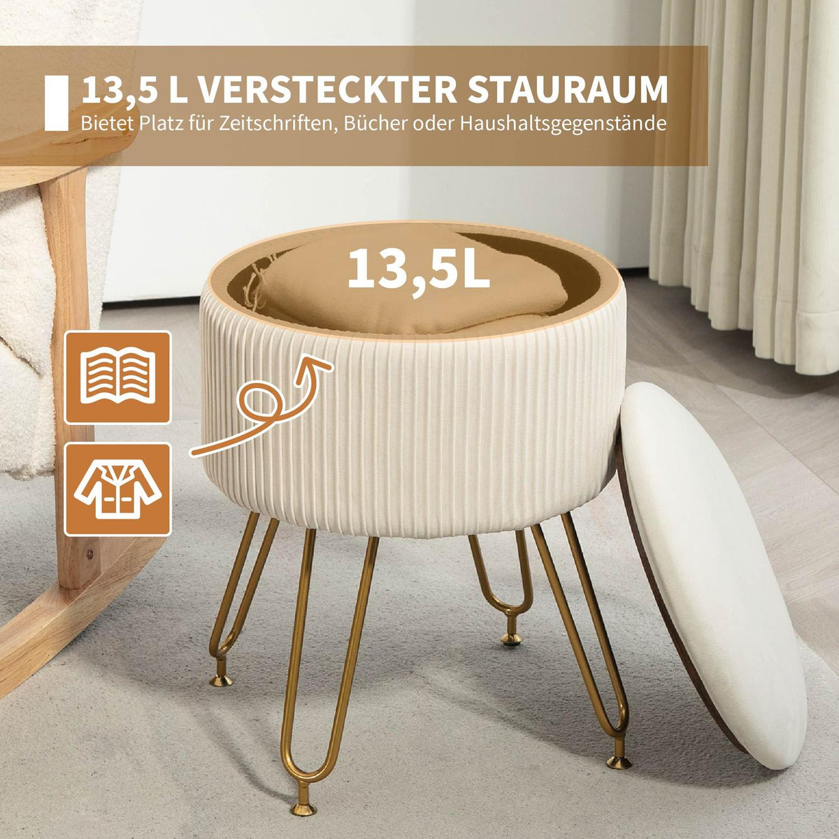 Bench with storage space, 2-in-1 upholstered bench with lid, bed bench with velvet look, for hallway, bedroom, living room, steel frame, Ø40 x 48 cm cream white