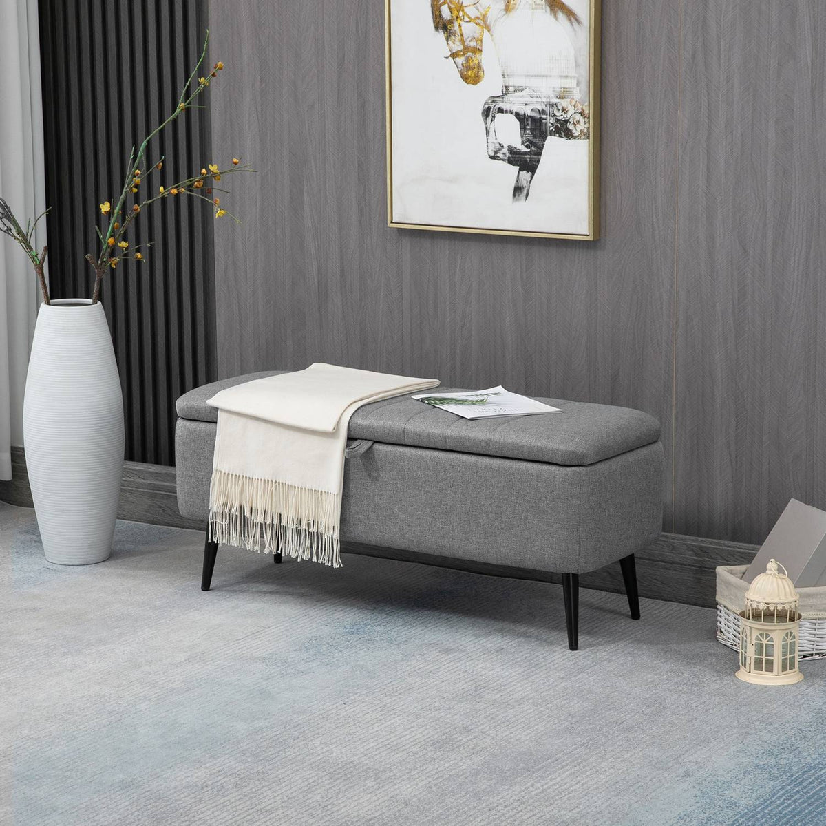 Bench with storage space Upholstered bench with linen look, seat chest with steel legs 102 x 40 x 44 cm, grey