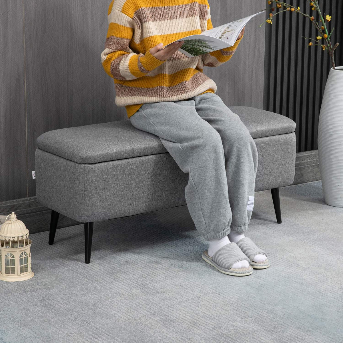 Bench with storage space Upholstered bench with linen look, seat chest with steel legs 102 x 40 x 44 cm, grey