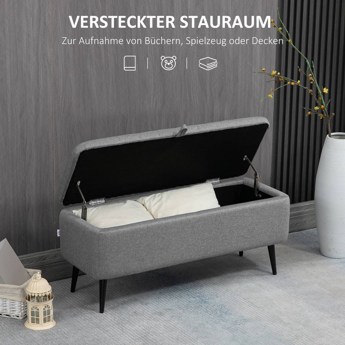 Bench with storage space Upholstered bench with linen look, seat chest with steel legs 102 x 40 x 44 cm, grey
