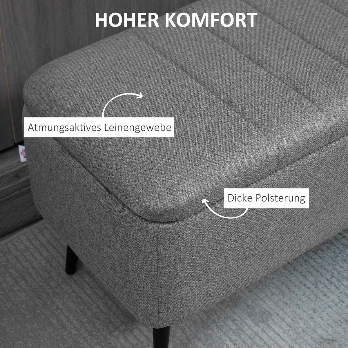 Bench with storage space Upholstered bench with linen look, seat chest with steel legs 102 x 40 x 44 cm, grey