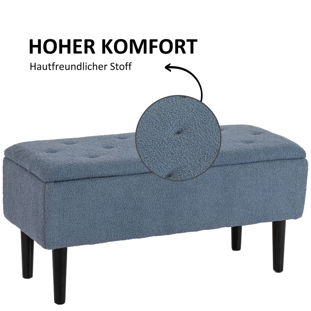 Bench with storage space, bed bench, upholstered bench with folding lid, chest bench, for living room, bedroom, blue, 95 x 38 x 45 cm