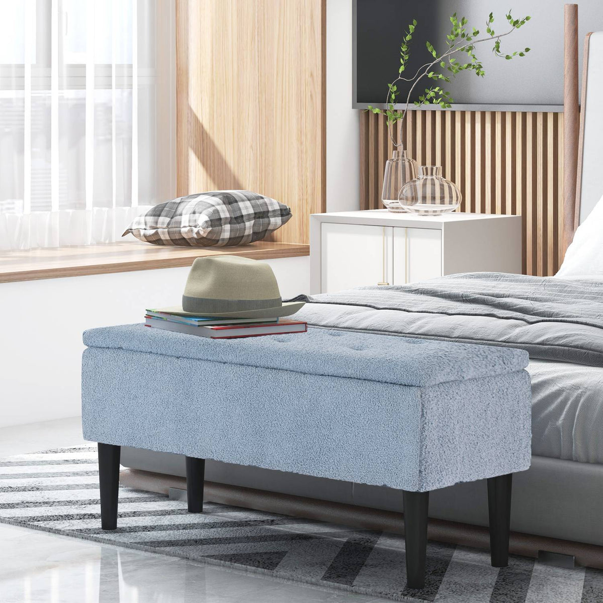 Bench with storage space, bed bench, upholstered bench with folding lid, chest bench, for living room, bedroom, blue, 95 x 38 x 45 cm