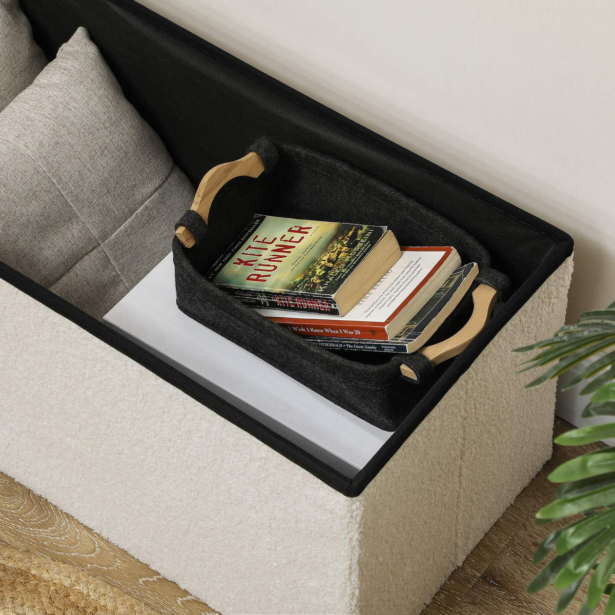 Bench with storage space, foldable upholstered bench, bed bench with velvet look, seat chest for hallway, bedroom, living room, 76 x 38 x 38 cm cream white