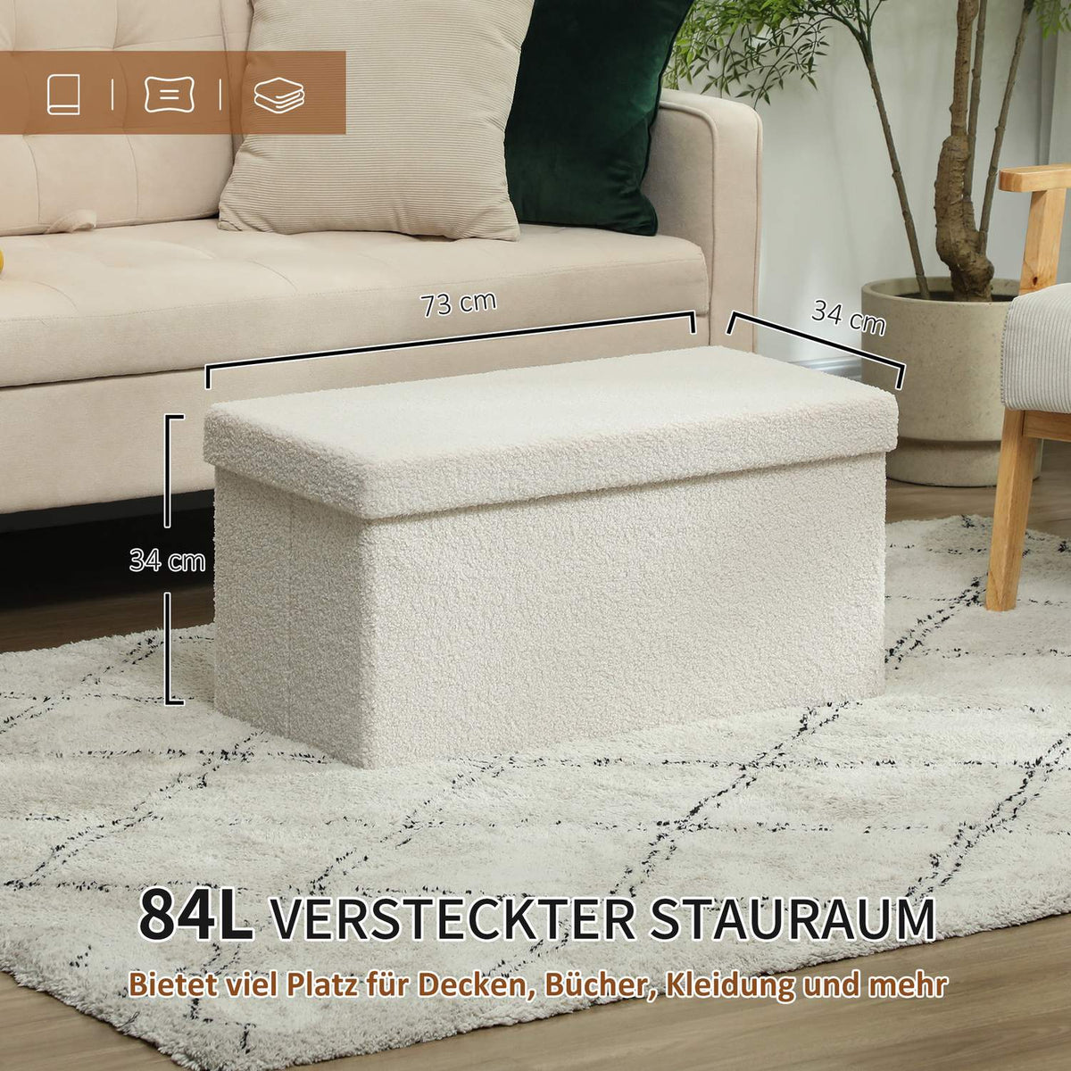 Bench with storage space, foldable upholstered bench, bed bench with velvet look, seat chest for hallway, bedroom, living room, 76 x 38 x 38 cm cream white