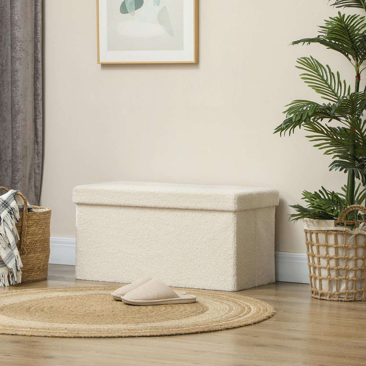 Bench with storage space, foldable upholstered bench, bed bench with velvet look, seat chest for hallway, bedroom, living room, 76 x 38 x 38 cm cream white