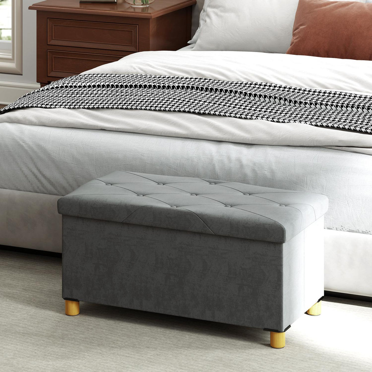 Bench with storage space, foldable upholstered bench, bed bench with velvet look, seat chest for hallway, bedroom, living room, 76 x 38 x 38 cm grey