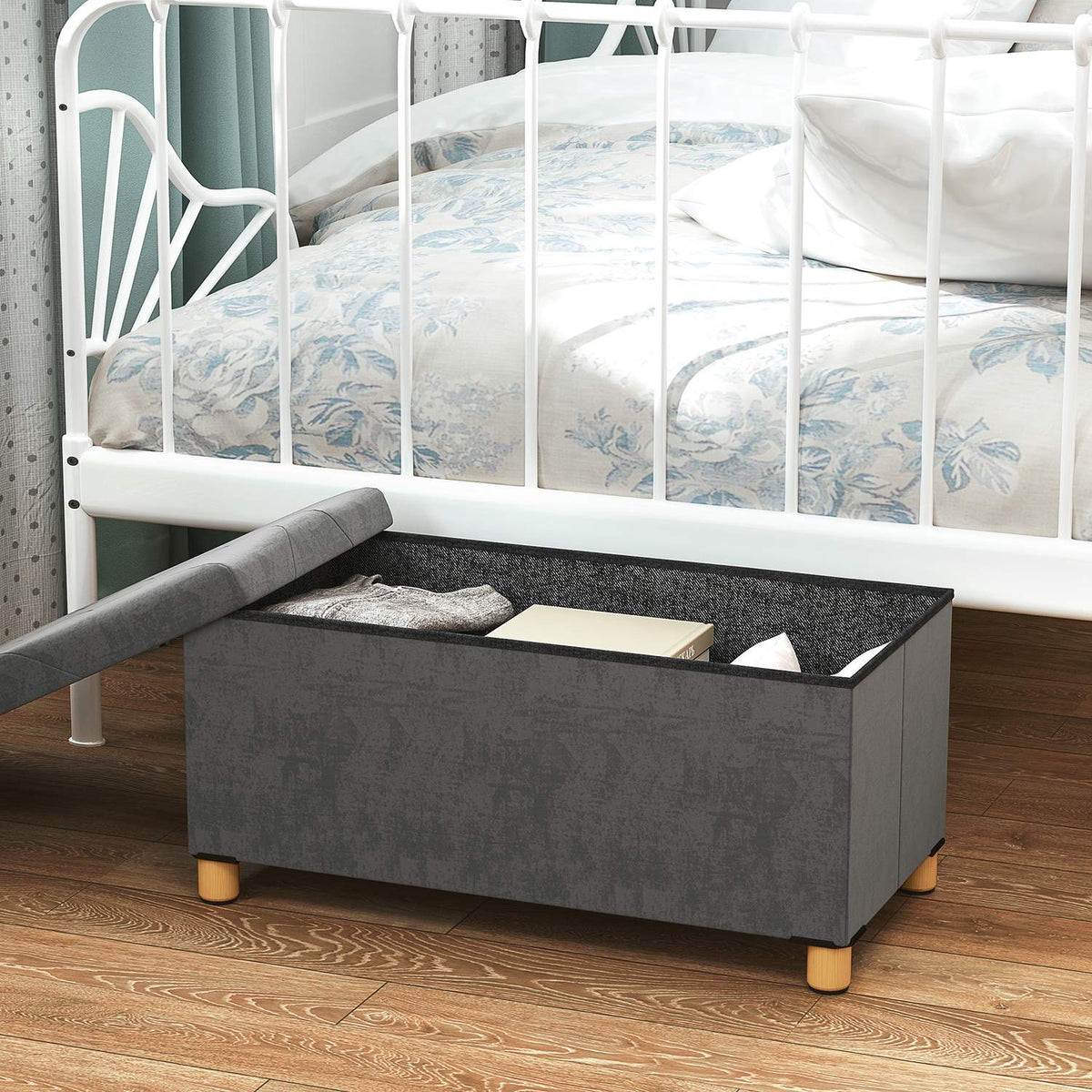 Bench with storage space, foldable upholstered bench, bed bench with velvet look, seat chest for hallway, bedroom, living room, 76 x 38 x 38 cm grey