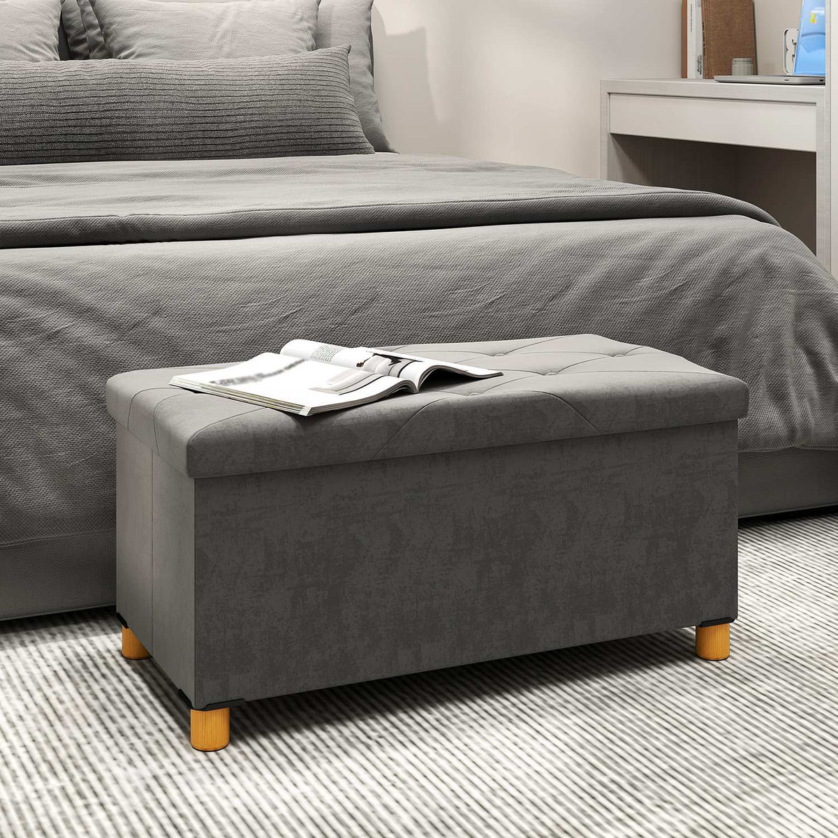 Bench with storage space, foldable upholstered bench, bed bench with velvet look, seat chest for hallway, bedroom, living room, 76 x 38 x 38 cm grey