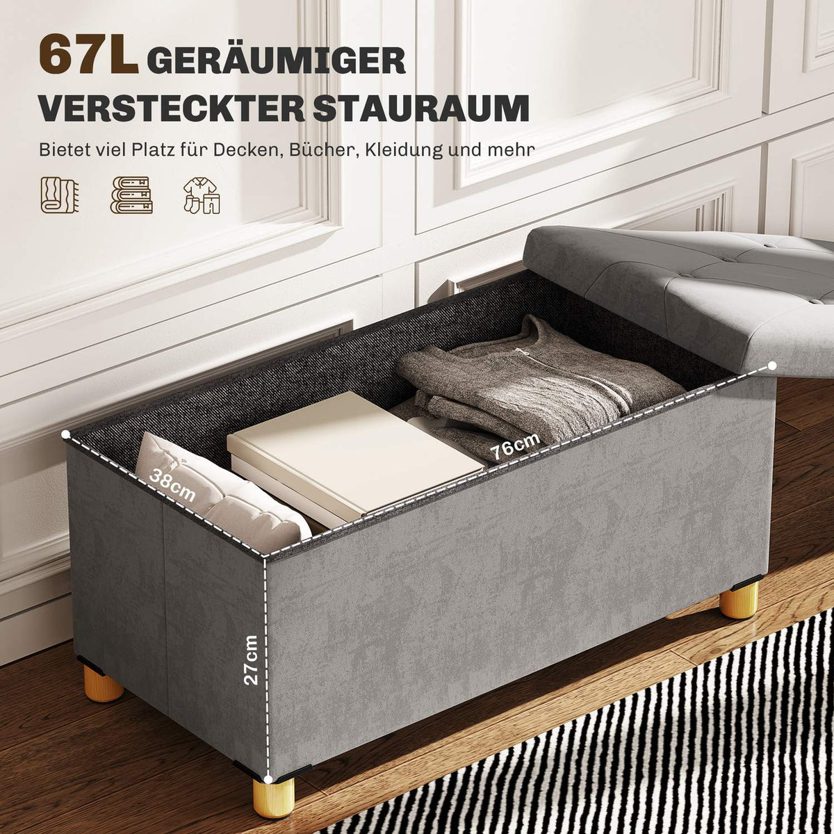 Bench with storage space, foldable upholstered bench, bed bench with velvet look, seat chest for hallway, bedroom, living room, 76 x 38 x 38 cm grey
