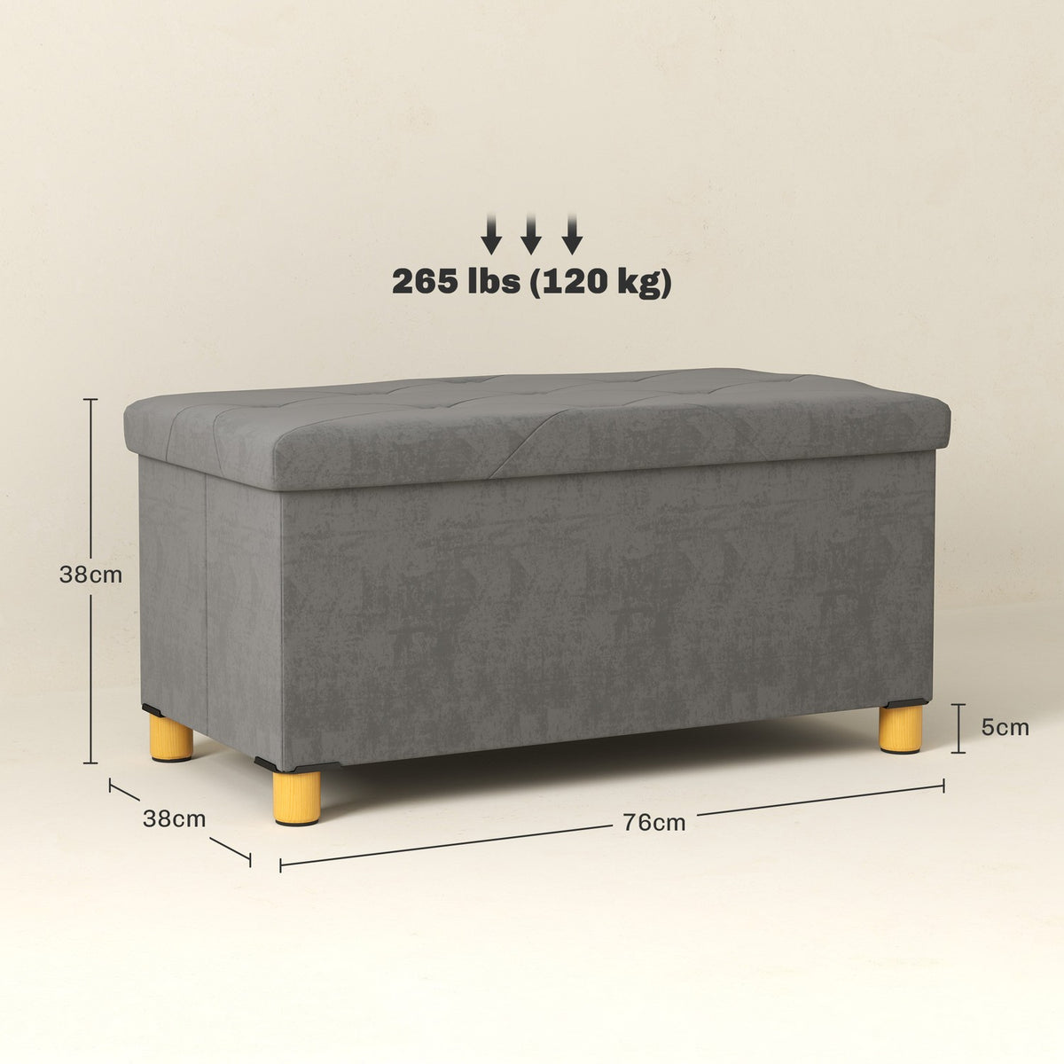 Bench with storage space, foldable upholstered bench, bed bench with velvet look, seat chest for hallway, bedroom, living room, 76 x 38 x 38 cm grey