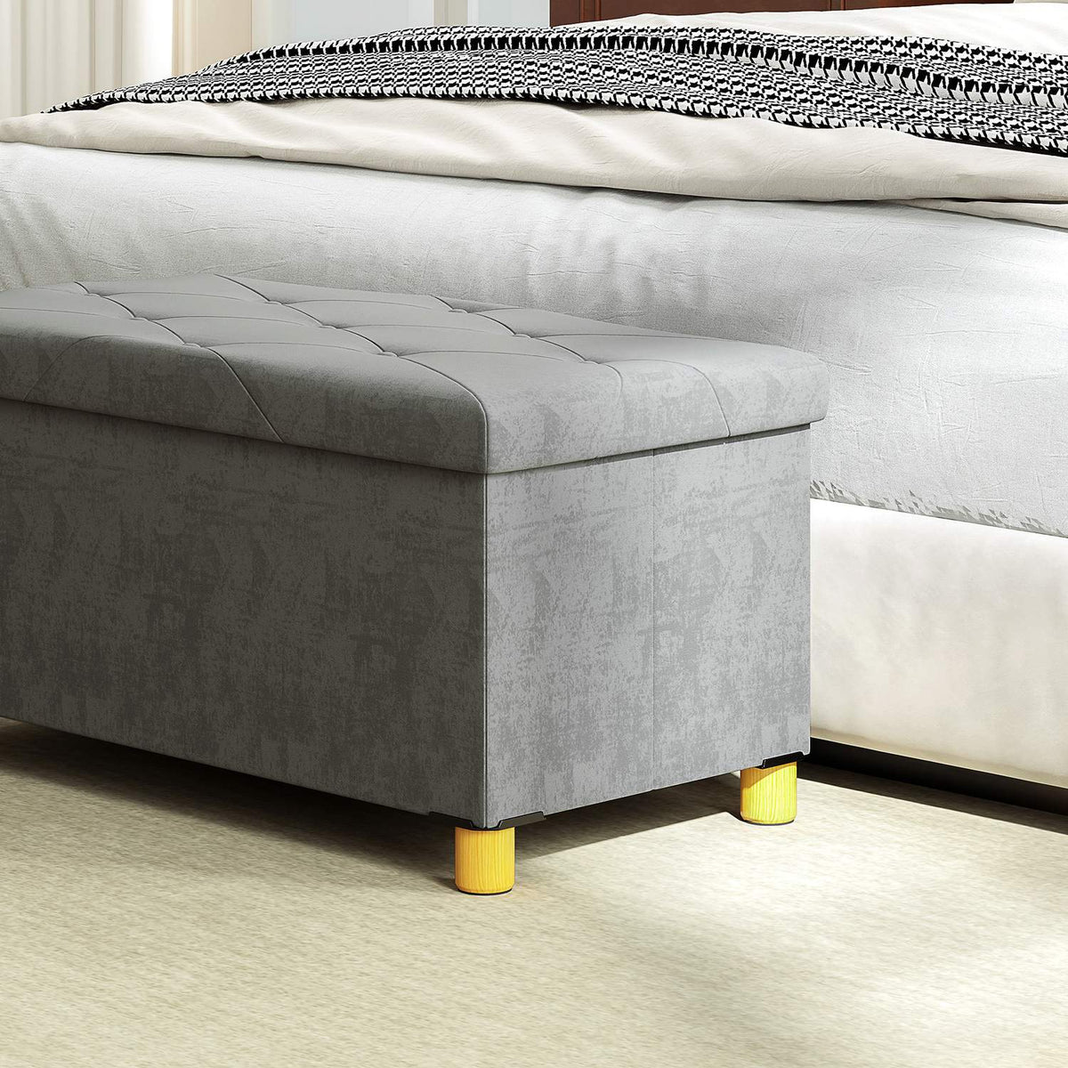 Bench with storage space, foldable upholstered bench, bed bench with velvet look, seat chest for hallway, bedroom, living room, 76 x 38 x 38 cm grey