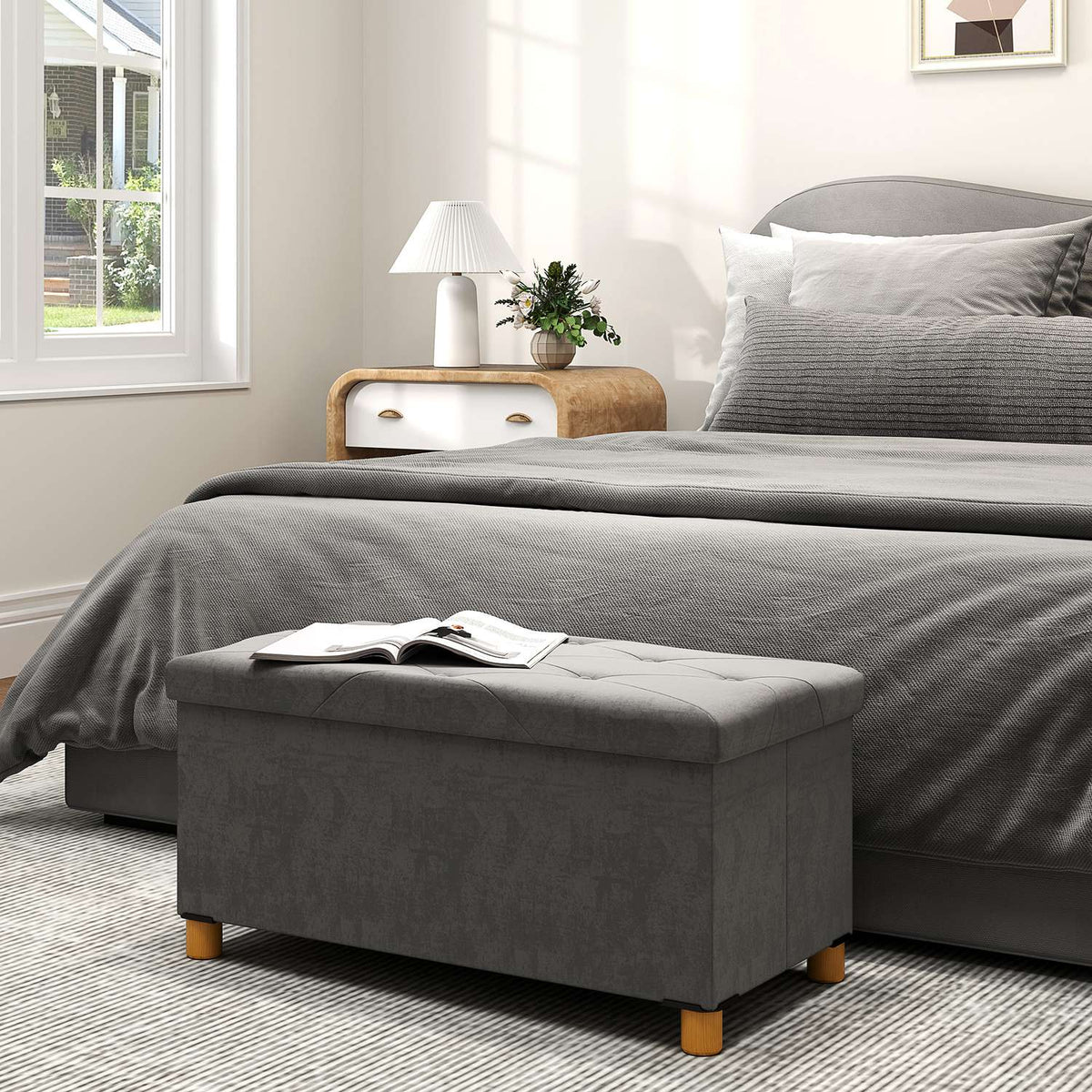 Bench with storage space, foldable upholstered bench, bed bench with velvet look, seat chest for hallway, bedroom, living room, 76 x 38 x 38 cm grey