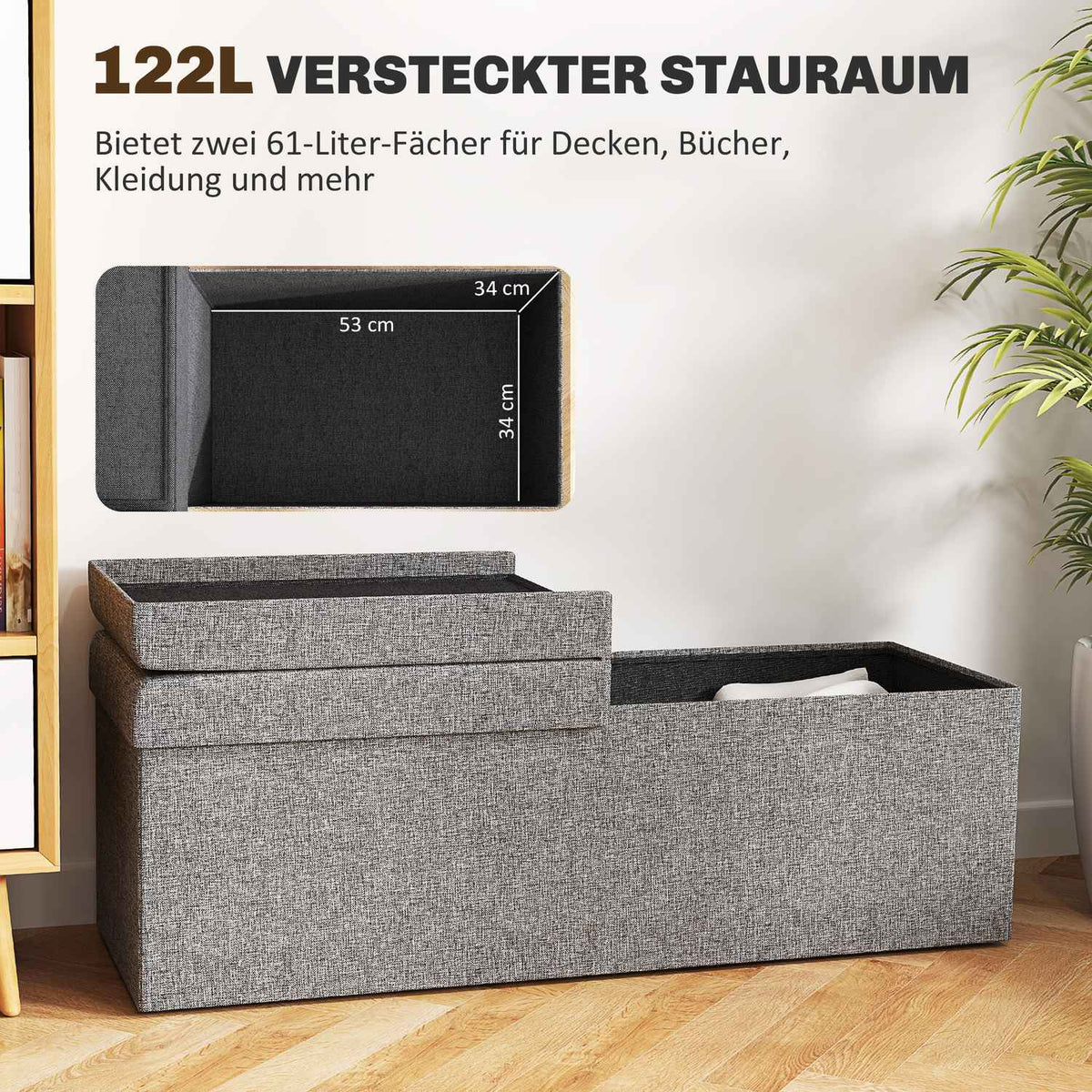 Bench with storage space, foldable upholstered bench with separate containers, bed bench with linen look, seat chest for hallway, bedroom, living room, 110 x 38 x 38 cm dark gray