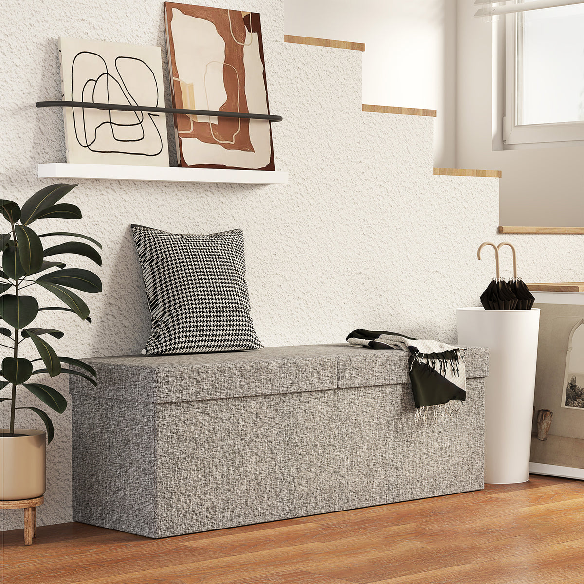 Bench with storage space, foldable upholstered bench with separate containers, bed bench with linen look, seat chest for hallway, bedroom, living room, 110 x 38 x 38 cm dark gray