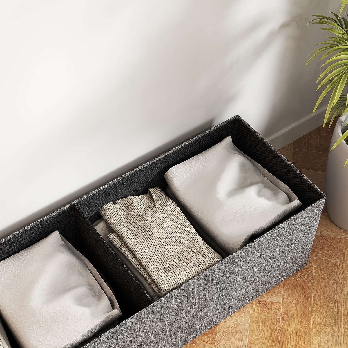 Bench with storage space, foldable upholstered bench with separate containers, bed bench with linen look, seat chest for hallway, bedroom, living room, 110 x 38 x 38 cm dark gray