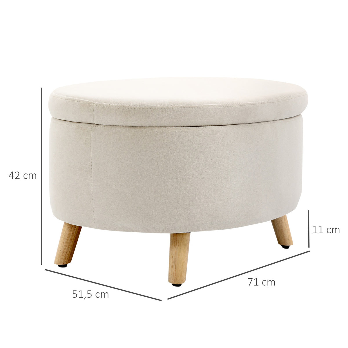 Bench with storage space, oval upholstered bench with lid, bed bench with velvet look, for hallway, bedroom, living room, wooden legs 71 x 51.5 x 42 cm beige