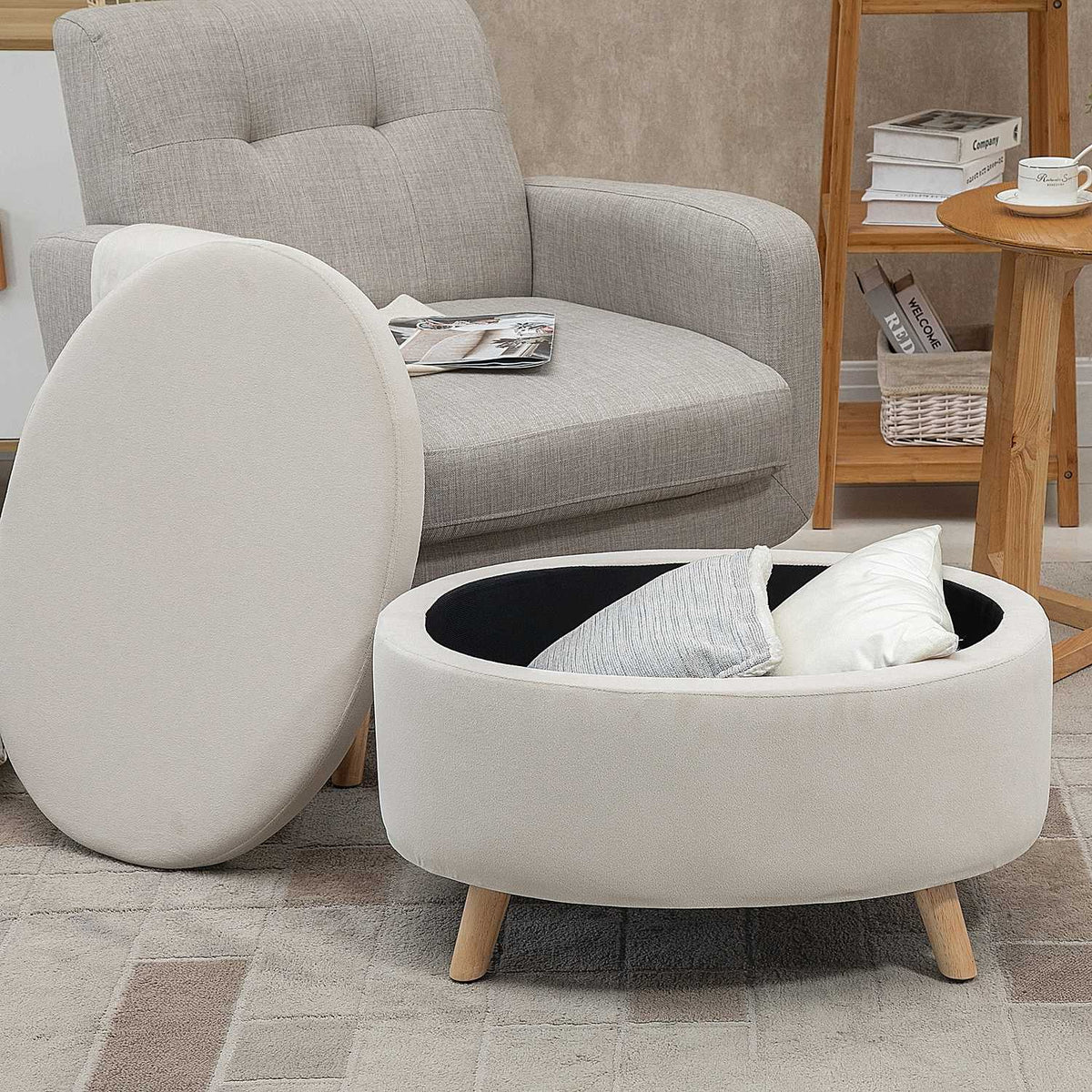 Bench with storage space, oval upholstered bench with lid, bed bench with velvet look, for hallway, bedroom, living room, wooden legs 71 x 51.5 x 42 cm beige