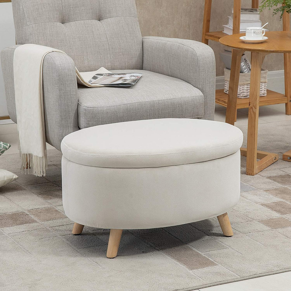 Bench with storage space, oval upholstered bench with lid, bed bench with velvet look, for hallway, bedroom, living room, wooden legs 71 x 51.5 x 42 cm beige