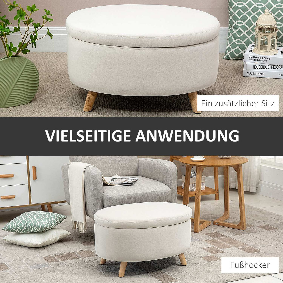 Bench with storage space, oval upholstered bench with lid, bed bench with velvet look, for hallway, bedroom, living room, wooden legs 71 x 51.5 x 42 cm beige