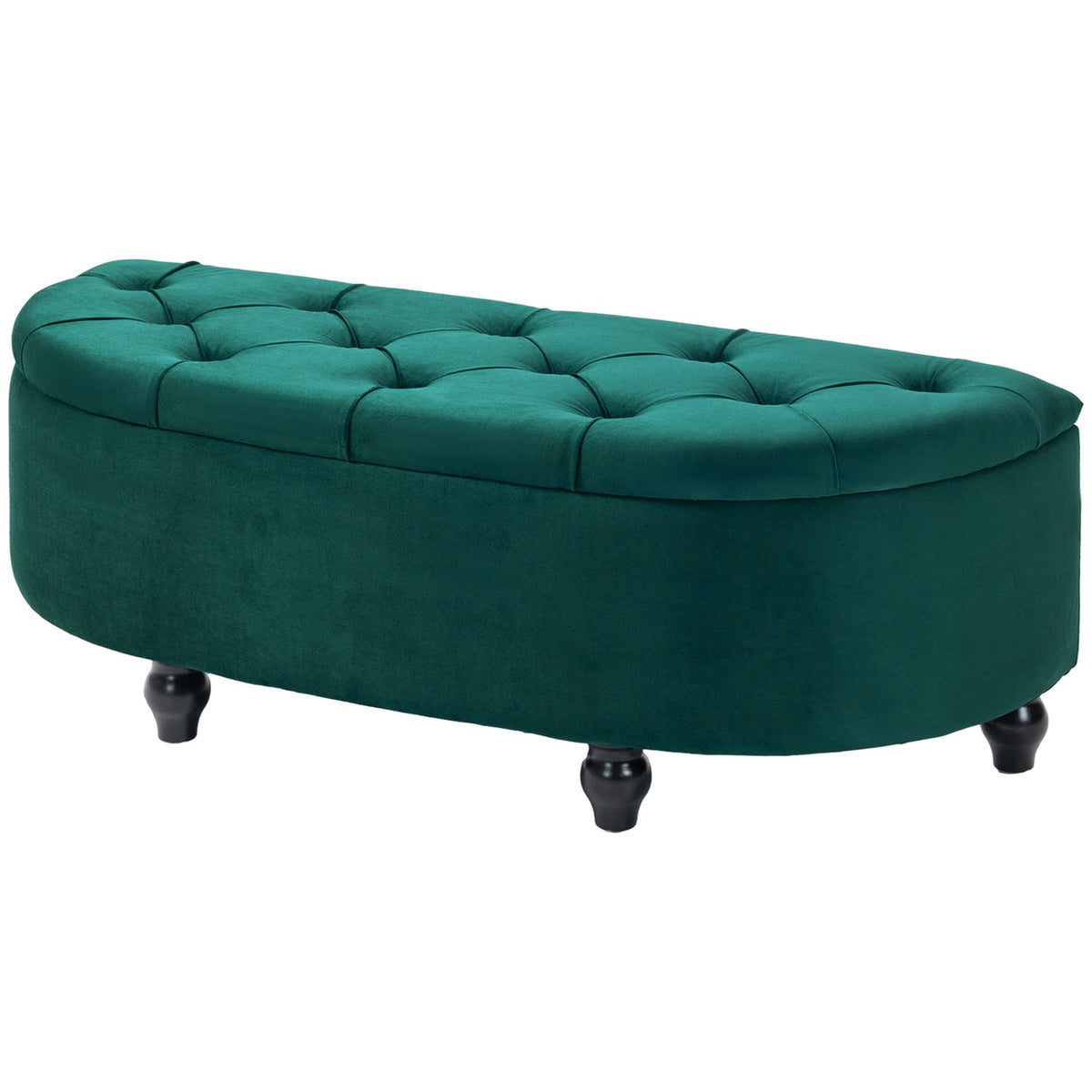 Bench with storage space, seat chest with opened lid, velvet touch, upholstered bench, rubber wood, dark green, 120 x 46 x 42 cm