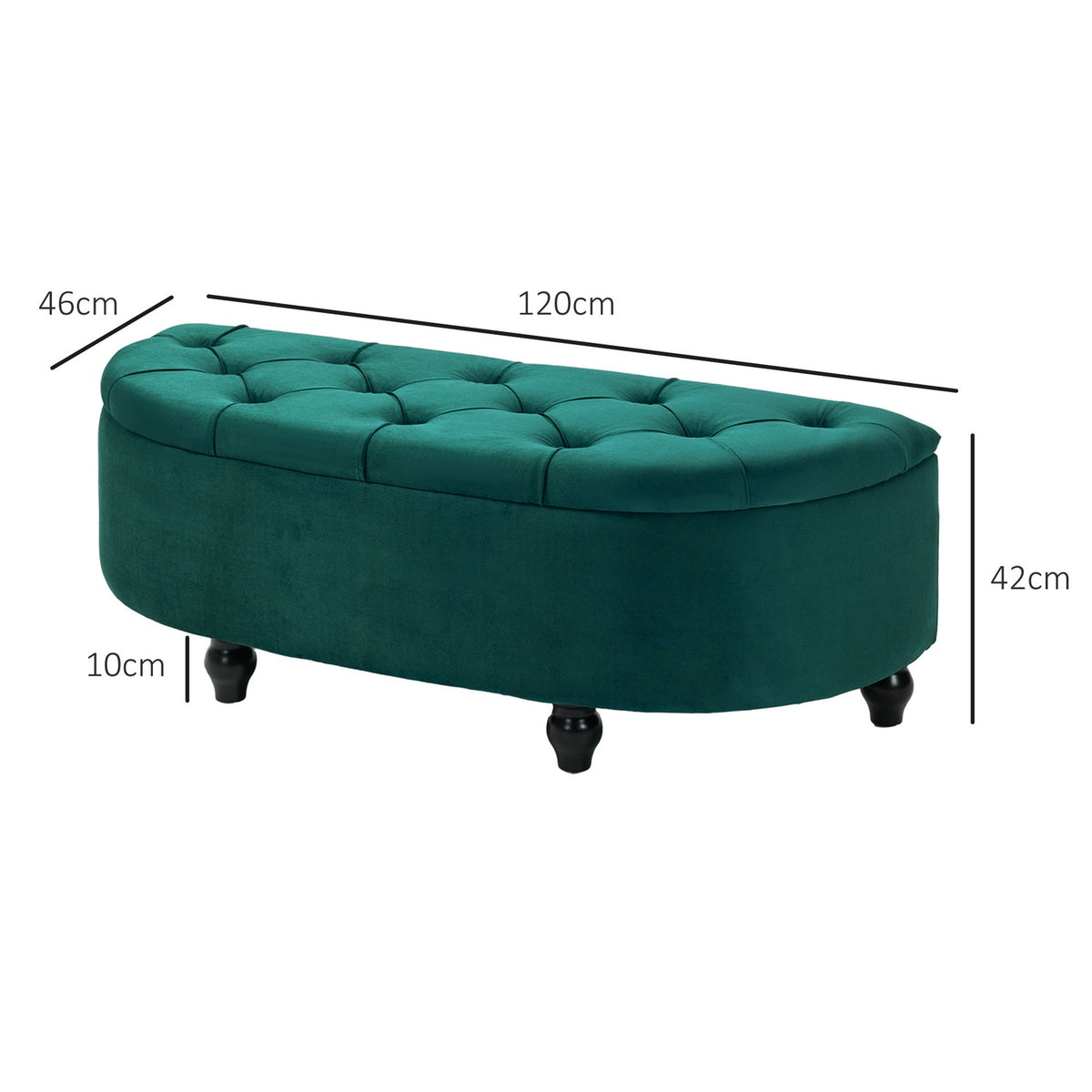 Bench with storage space, seat chest with opened lid, velvet touch, upholstered bench, rubber wood, dark green, 120 x 46 x 42 cm