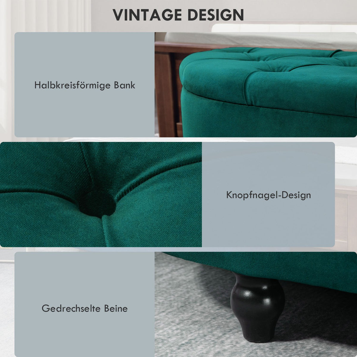 Bench with storage space, seat chest with opened lid, velvet touch, upholstered bench, rubber wood, dark green, 120 x 46 x 42 cm