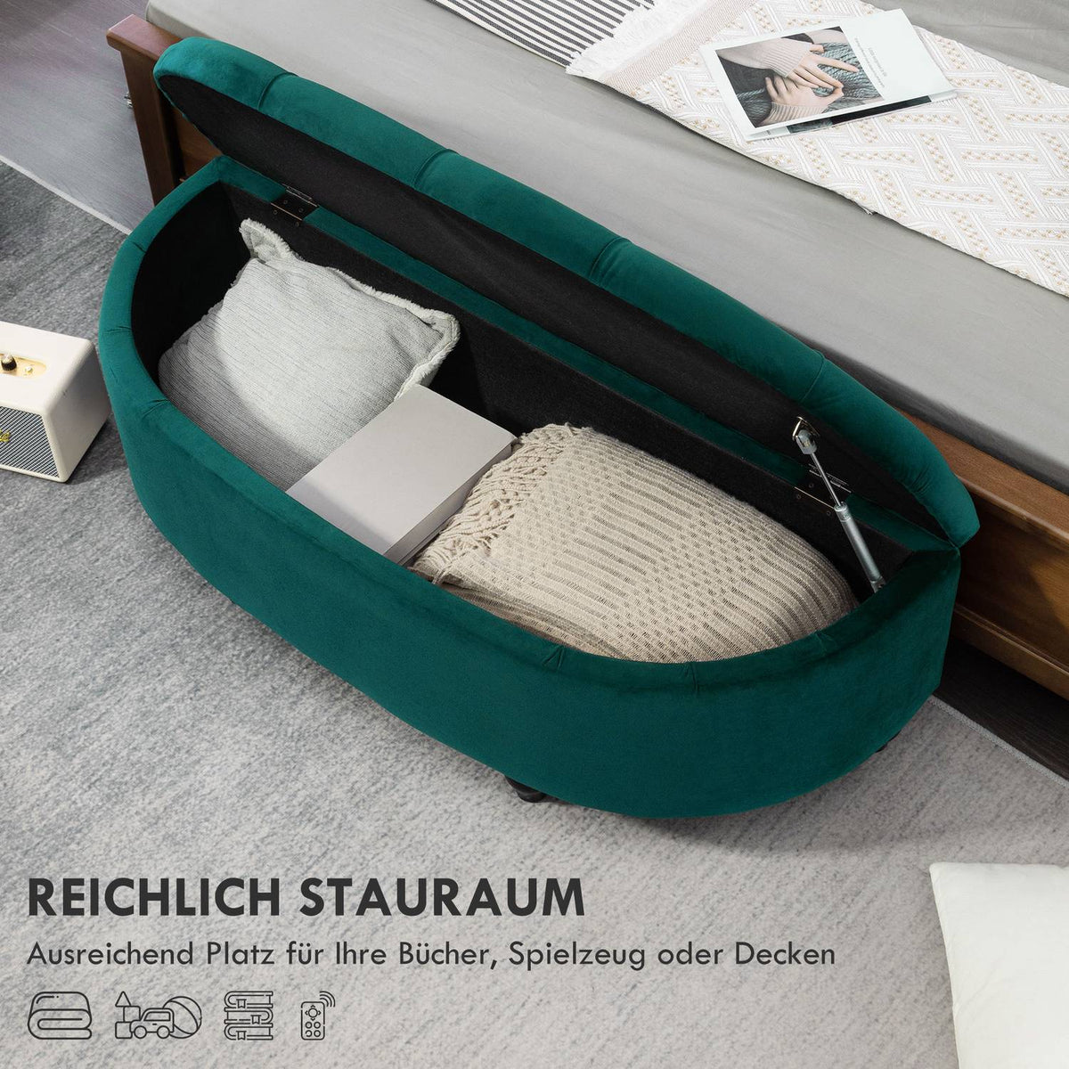 Bench with storage space, seat chest with opened lid, velvet touch, upholstered bench, rubber wood, dark green, 120 x 46 x 42 cm