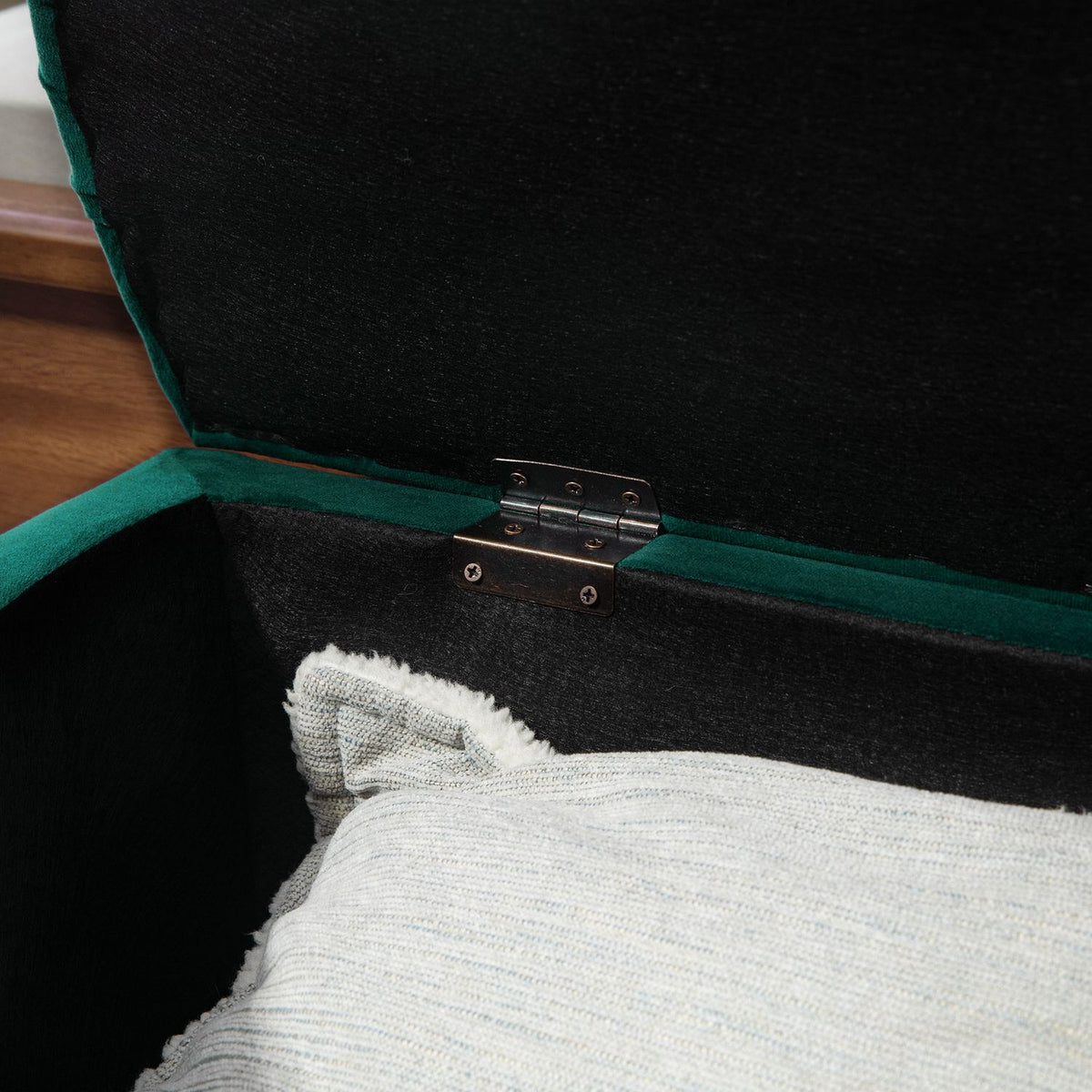 Bench with storage space, seat chest with opened lid, velvet touch, upholstered bench, rubber wood, dark green, 120 x 46 x 42 cm