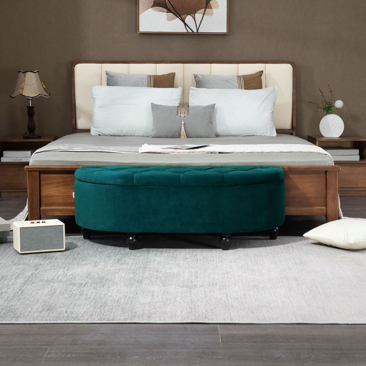 Bench with storage space, seat chest with opened lid, velvet touch, upholstered bench, rubber wood, dark green, 120 x 46 x 42 cm